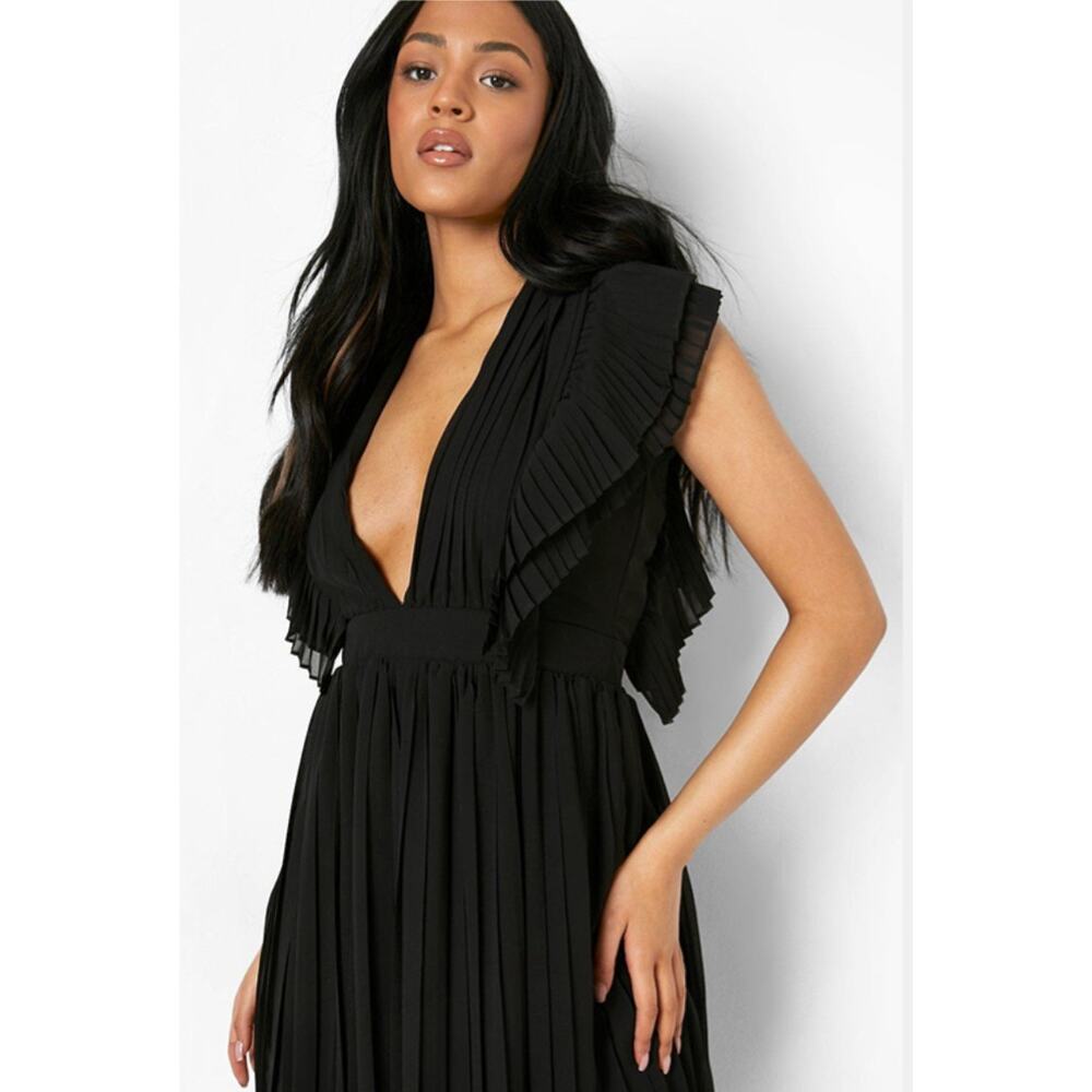 Boohoo Black Plunge Ruffle Midi Dress Size 4 Goth Witchy Feminine Sexy Elegant